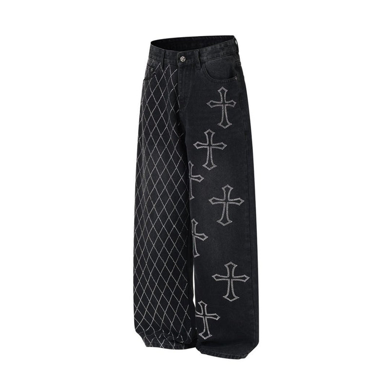 Angled front view of black wide-leg jeans with argyle and cross embellishments