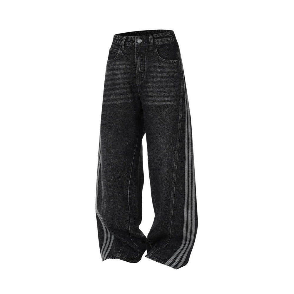 Wide Leg Dad Jeans – Washed Black Denim with Side Stripe Detail