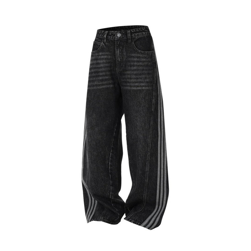 Wide Leg Dad Jeans – Washed Black Denim with Side Stripe Detail