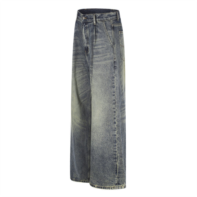 Wide-Leg Jeans Men's American Vintage Washed Distressed Denim Pants