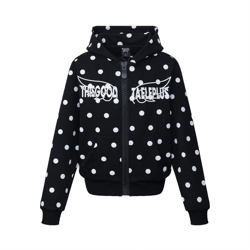 Sudadera extragrande con capucha y cremallera, estampado integral de lunares negros con puntos blancos y gráfico de letras en el pecho, vista frontal