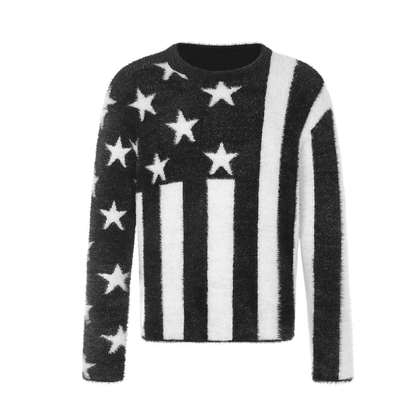 Stars & Stripes Fuzzy Knit Sweater – Black & White American Flag Pattern