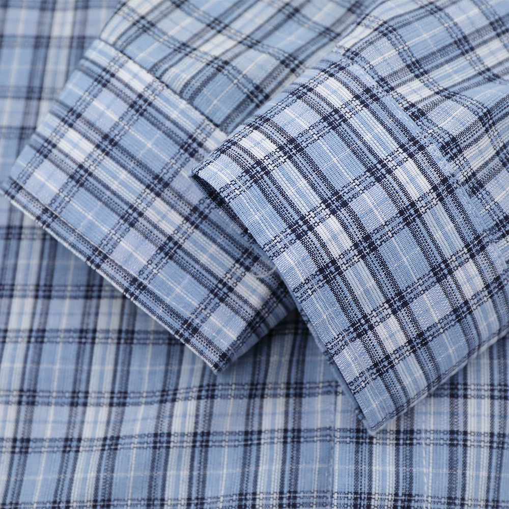 Plaid Long Sleeve Shirt with Colorblock Black Shoulder Panel and Crest