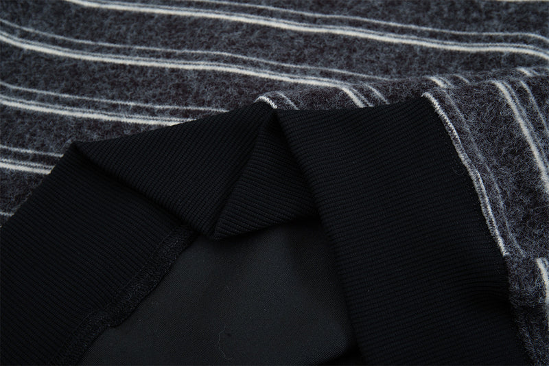 Sudadera de rayas con cremallera y parches varsity – Cárdigan retro americano de felpa