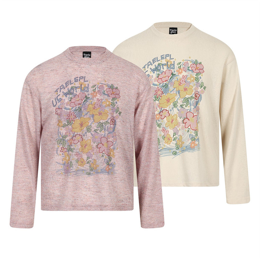 Floral Print Long-Sleeve T-Shirt – Men's Relaxed Fit Crew Neck