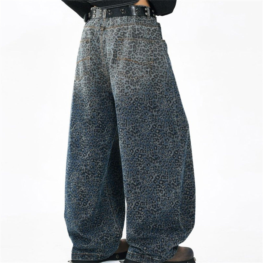 Leopard Print Wide-Leg Baggy Jeans – Oversized Curved Denim Pants