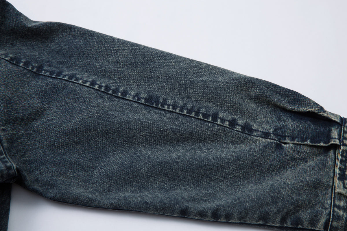 Oversized Washed Denim Jacket – Boxy Belted Hem, Acid-Wash Workwear Style