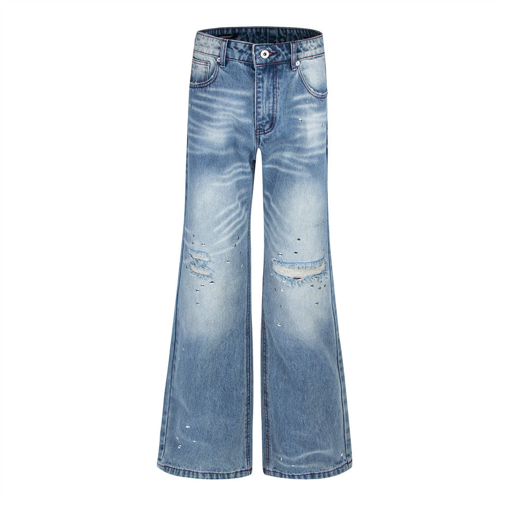 Men's Distressed Flare Jeans – Light Wash Wide-Leg Denim with Ripped Knees &