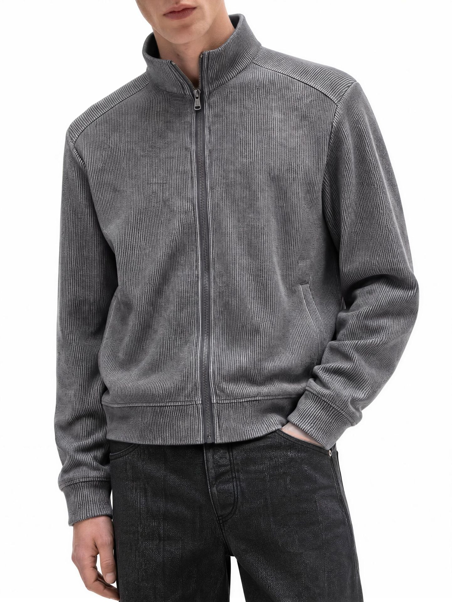 Veste homme côtelée zippée à col montant – Style sportswear vintage délavé