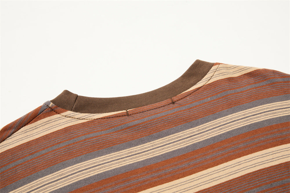 Close-up of brown ribbed crewneck collar on striped long sleeve shirt