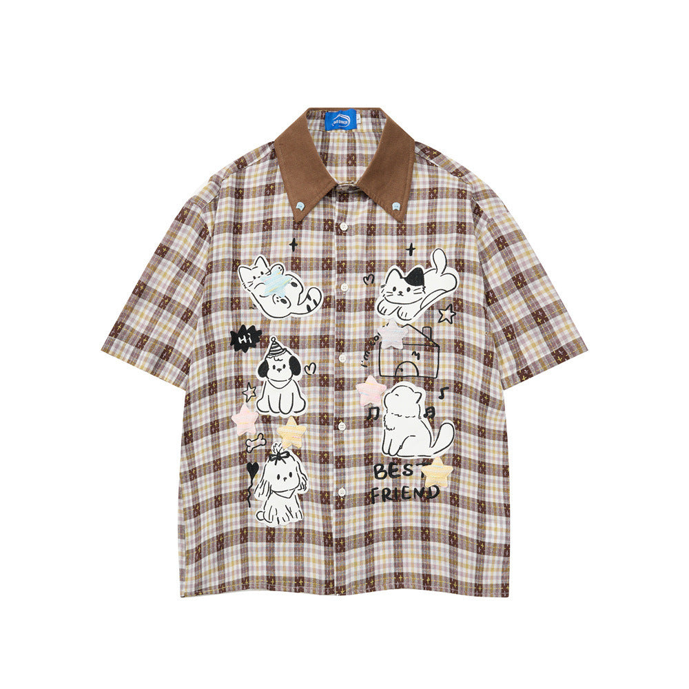 Oversized brown plaid short sleeve shirt with cartoon cat and dog embroidery patches and Best Friend slogan graphic