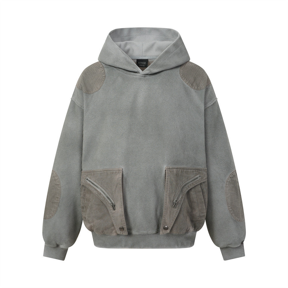 Sweat à capuche homme en maille gaufrée délavée à l’acide, oversize, avec poches cargo zippées