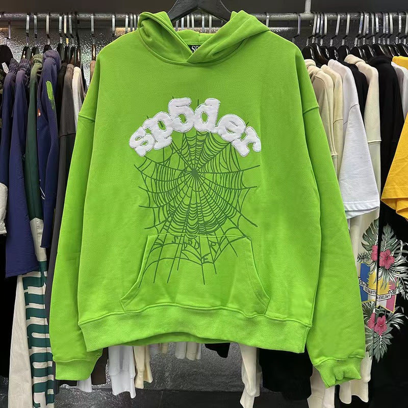 Vibrant Green Sp5der Hoodie - Trendy Web Print Hooded Sweatshirt