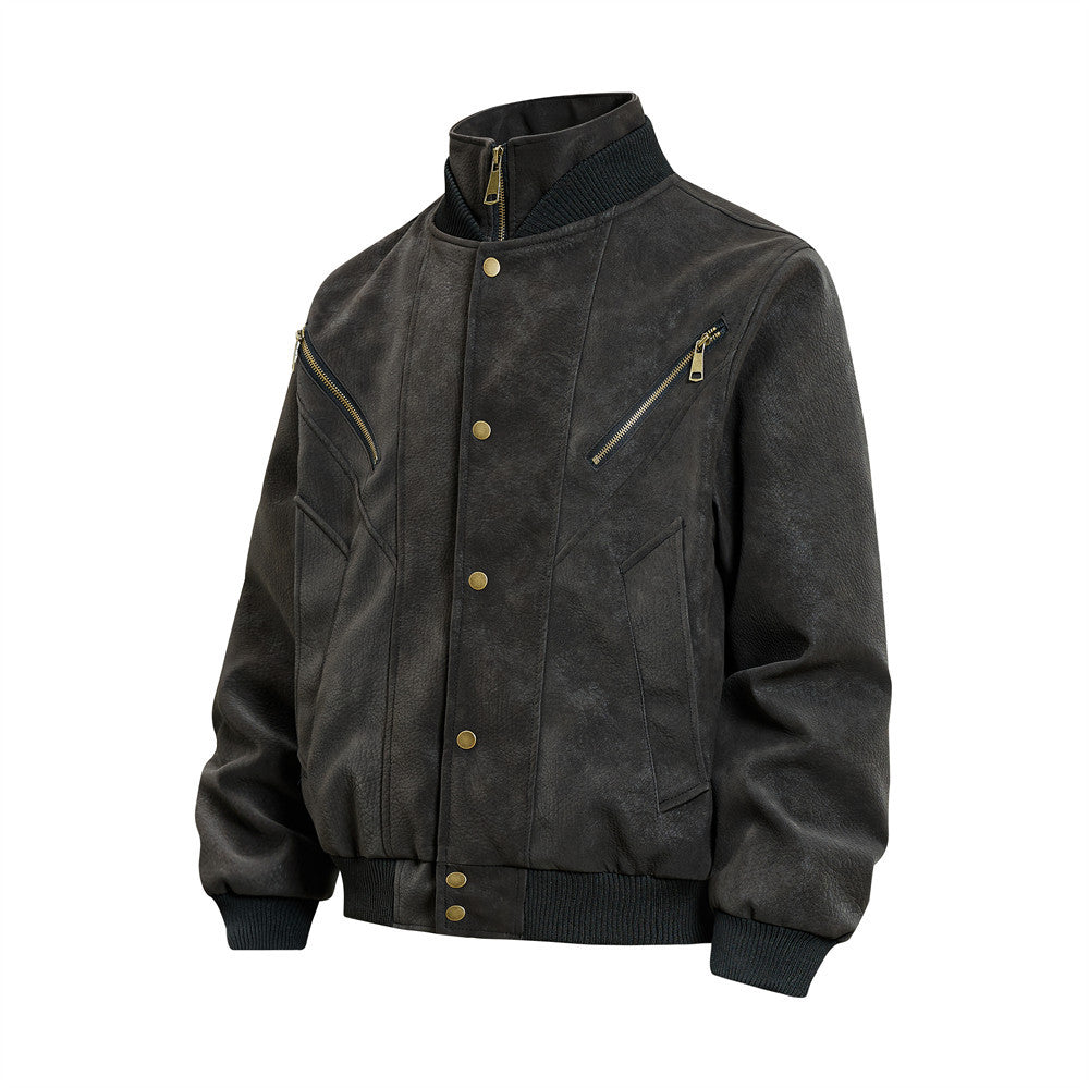 Vintage Leather Bomber Jacket – Men's Oversized PU Leather Baseball Jacket with