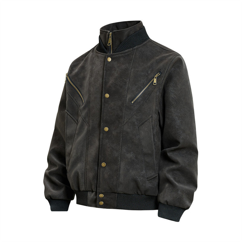Vintage Leather Bomber Jacket – Men's Oversized PU Leather Baseball Jacket with