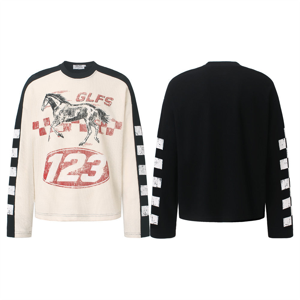 Racing Horse Graphic Long Sleeve Waffle Shirt – Colorblock Motorsport Print Top