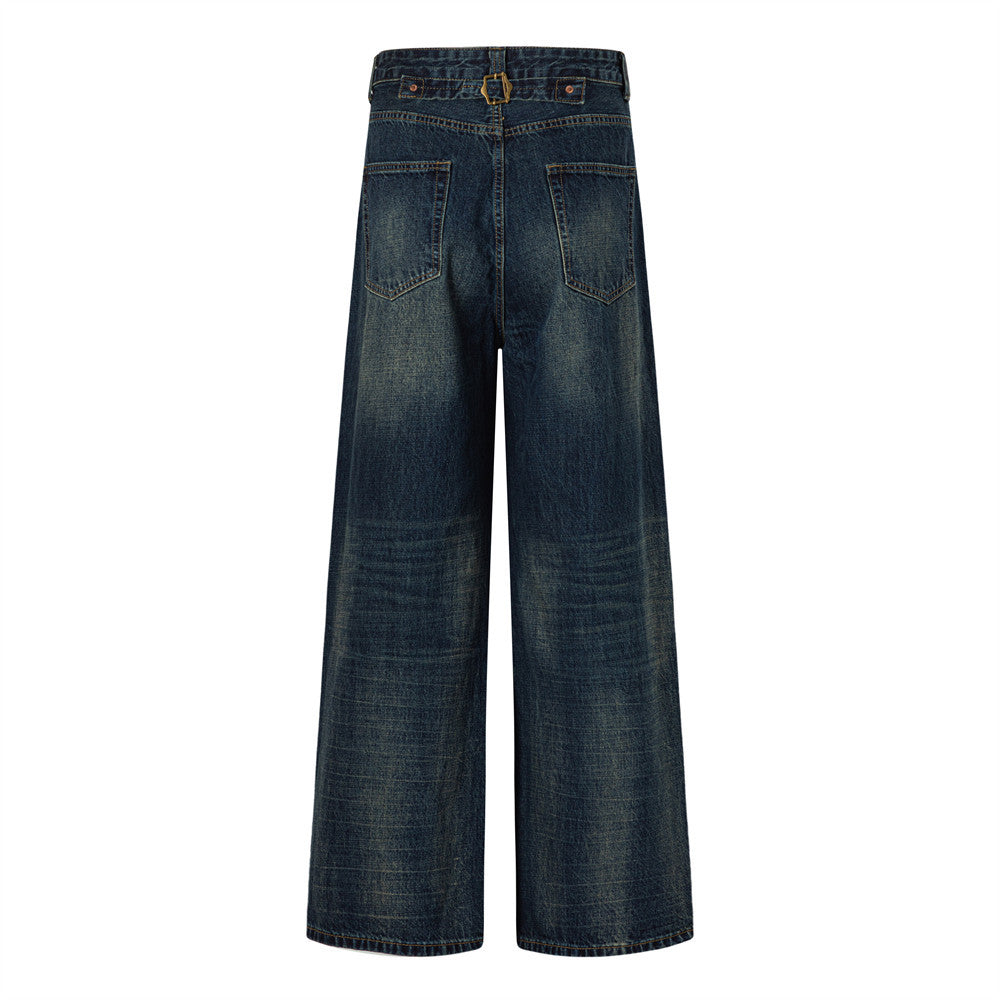 Wide-Leg Jeans – Vintage Washed Dark Blue with Distressed Details