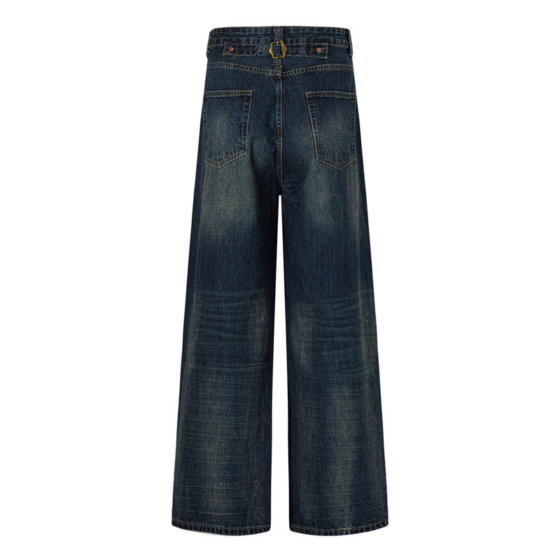 Wide-Leg Jeans – Vintage Washed Dark Blue with Distressed Details