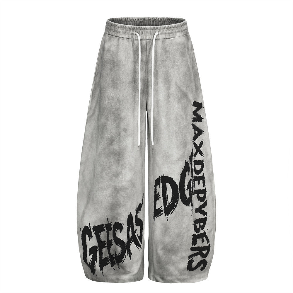 Wide-Leg Graffiti Print Sweatpants – Washed Gray Baggy Jogger Pants for Men