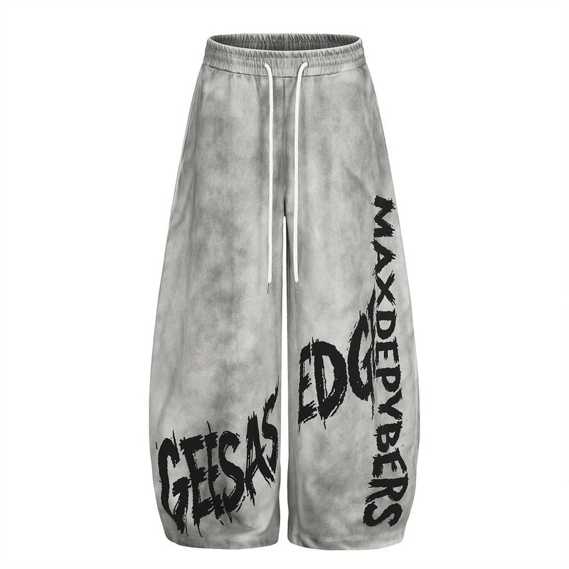 Wide-Leg Graffiti Print Sweatpants – Washed Gray Baggy Jogger Pants for Men