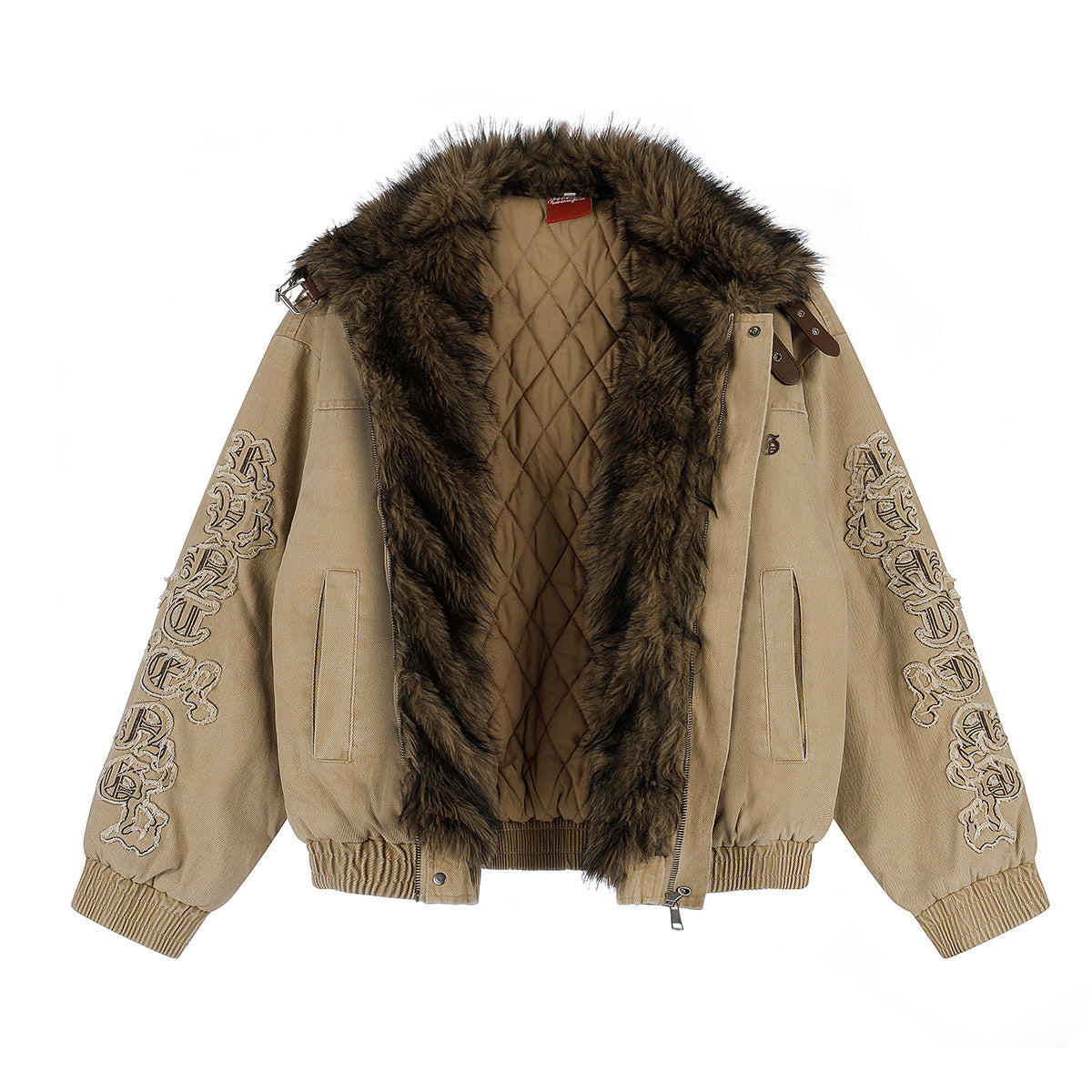 Fur Collar Bomber Jacket with Gothic Letter Embroidery & Quilted Lining