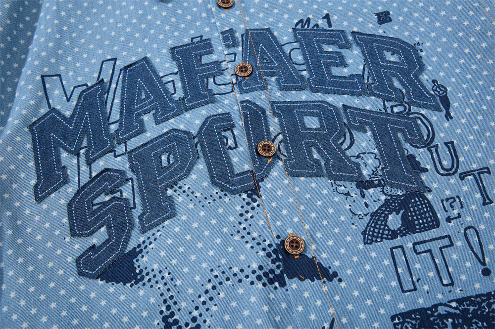 Short Sleeve Button-Up Shirt – All-Over Star Print with Varsity Graphic & Denim