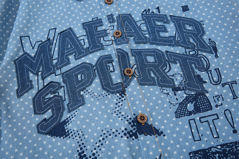 Short Sleeve Button-Up Shirt – All-Over Star Print with Varsity Graphic & Denim