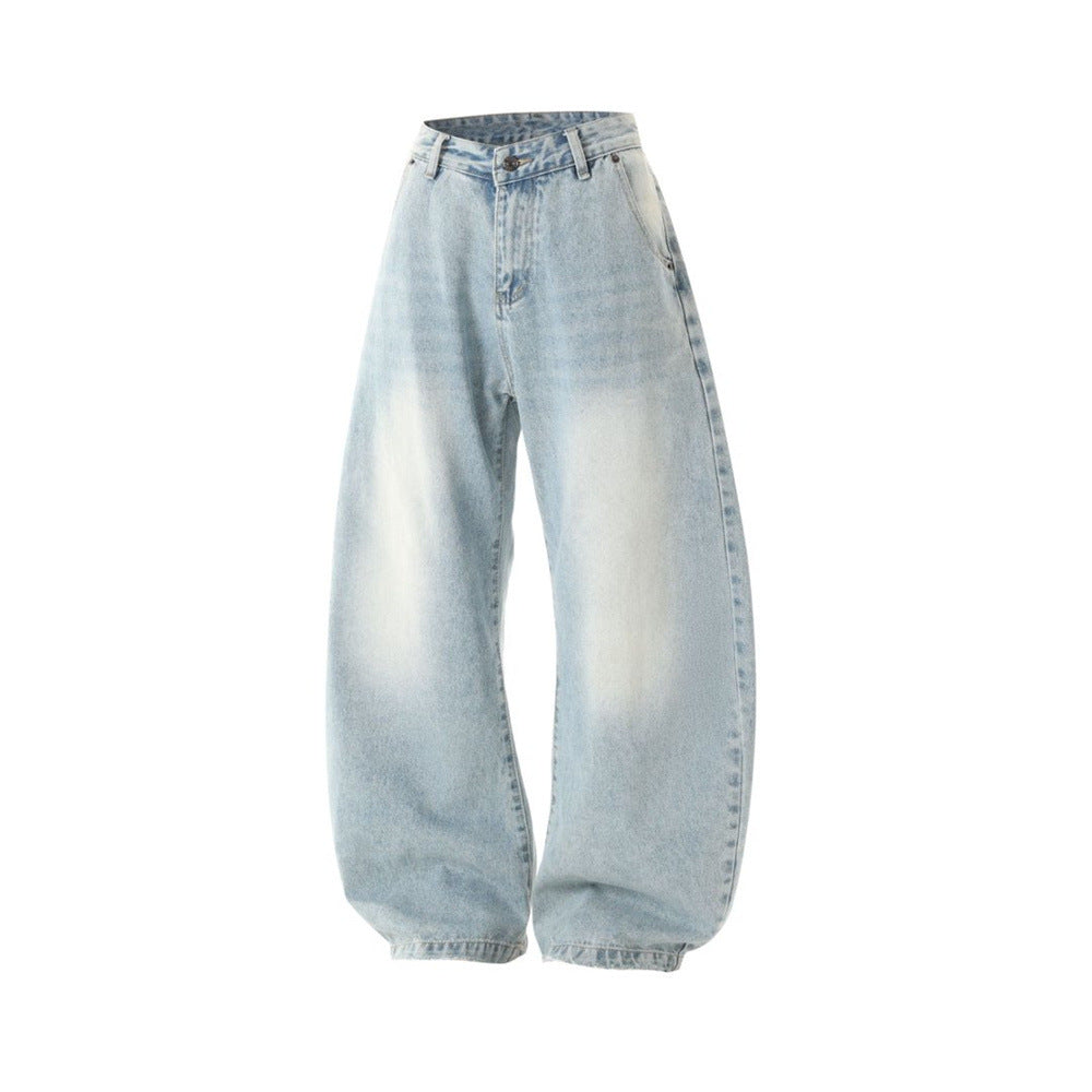 Wide-Leg Baggy Jeans – Men's Vintage Washed Light Blue Curved Hem Denim