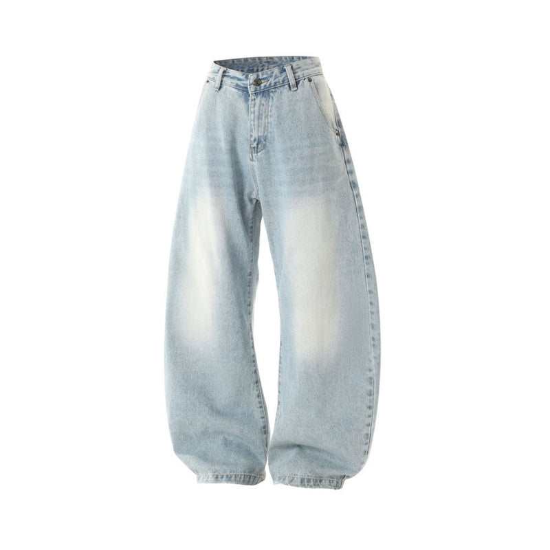 Wide-Leg Baggy Jeans – Men's Vintage Washed Light Blue Curved Hem Denim