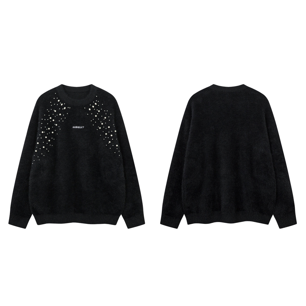 Pearl Bead Embellished Fuzzy Knit Crewneck Sweater – Oversized Unisex Pullover