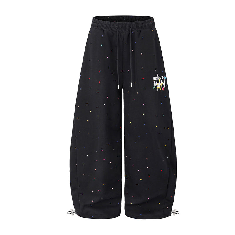 Wide-Leg Sweatpants with Star Embroidery & Paint Splatter Print