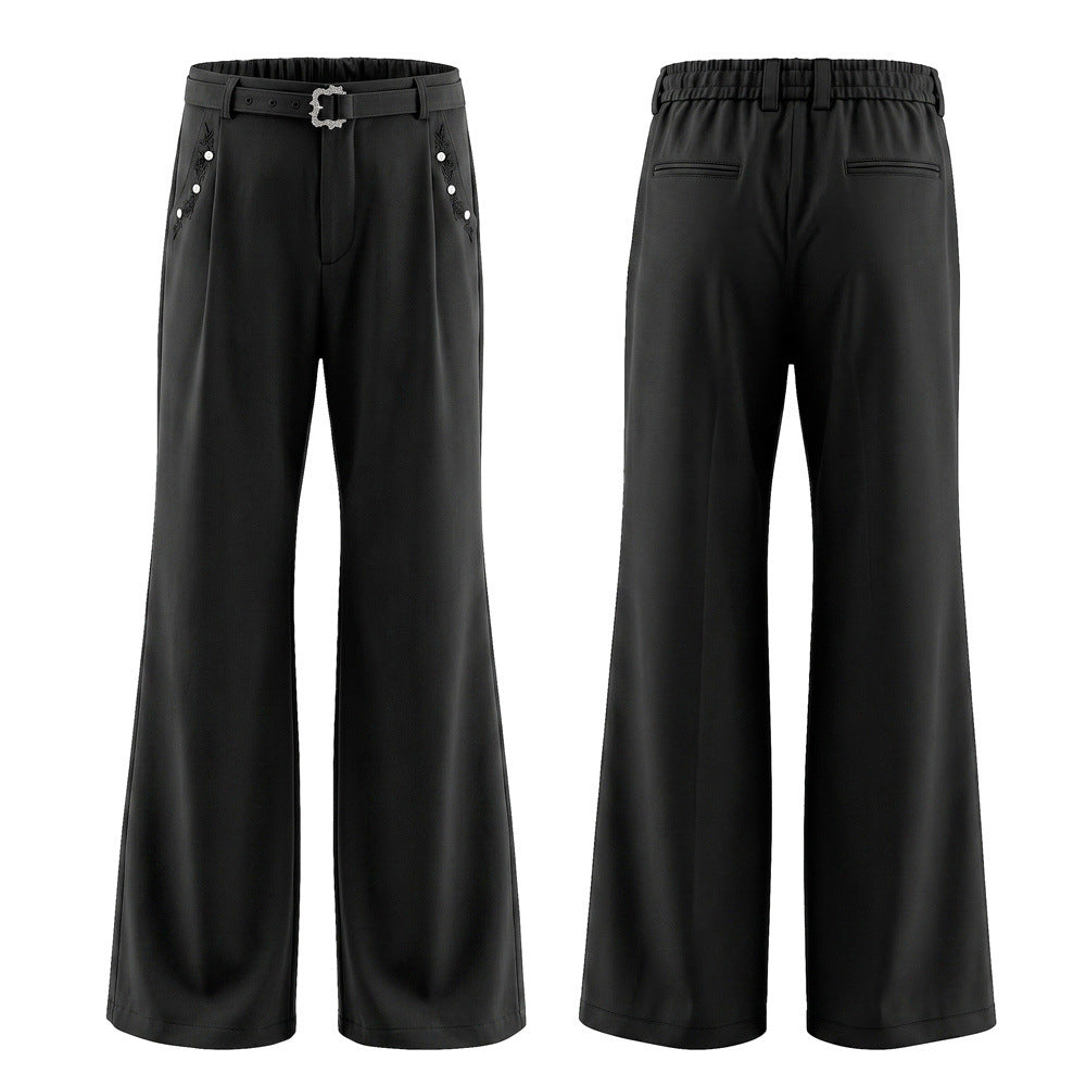 Pantalon ample rayé pour homme avec broderies florales et ceinture