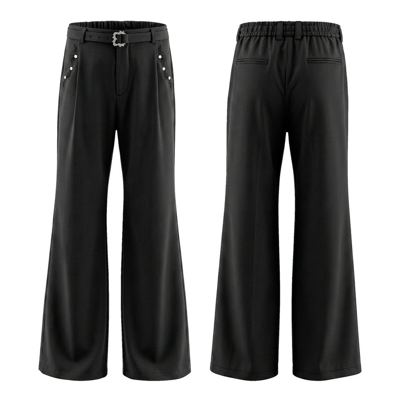 Pantalon ample rayé pour homme avec broderies florales et ceinture