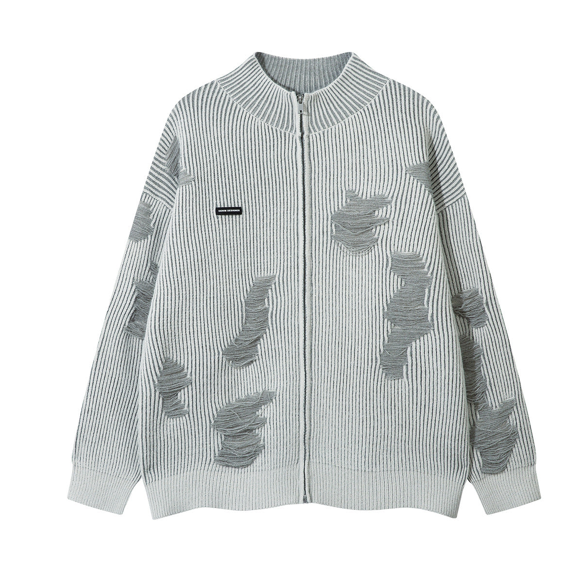 Distressed Knit Zip-Up Cardigan Jacket – Reversible Ribbed Sweater Coat