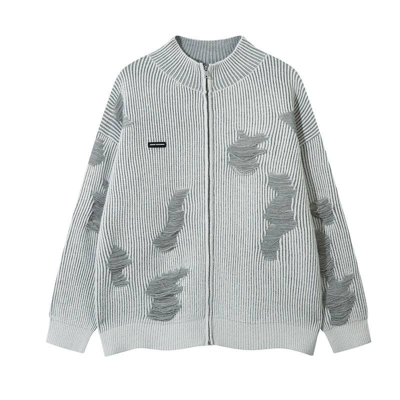 Distressed Knit Zip-Up Cardigan Jacket – Reversible Ribbed Sweater Coat