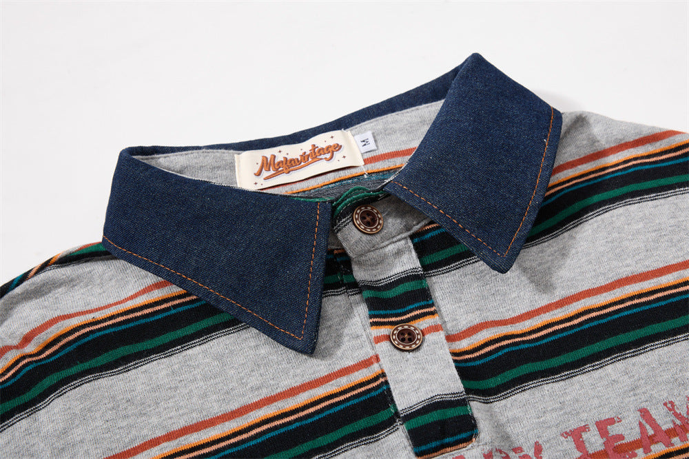 Striped Rugby Polo Shirt – Vintage American College Graphic Long Sleeve