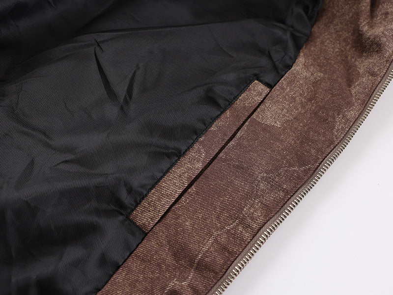 Men's Brown Bomber Jacket Vintage Washed Camo-Pattern Zip-Up Outerwear