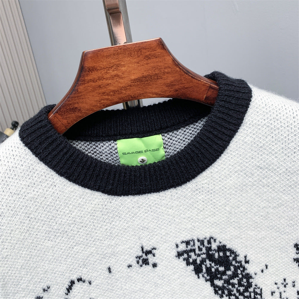 Men's Crew Neck Jacquard Knit Sweater – Pixelated Portrait Graphic, Contrast