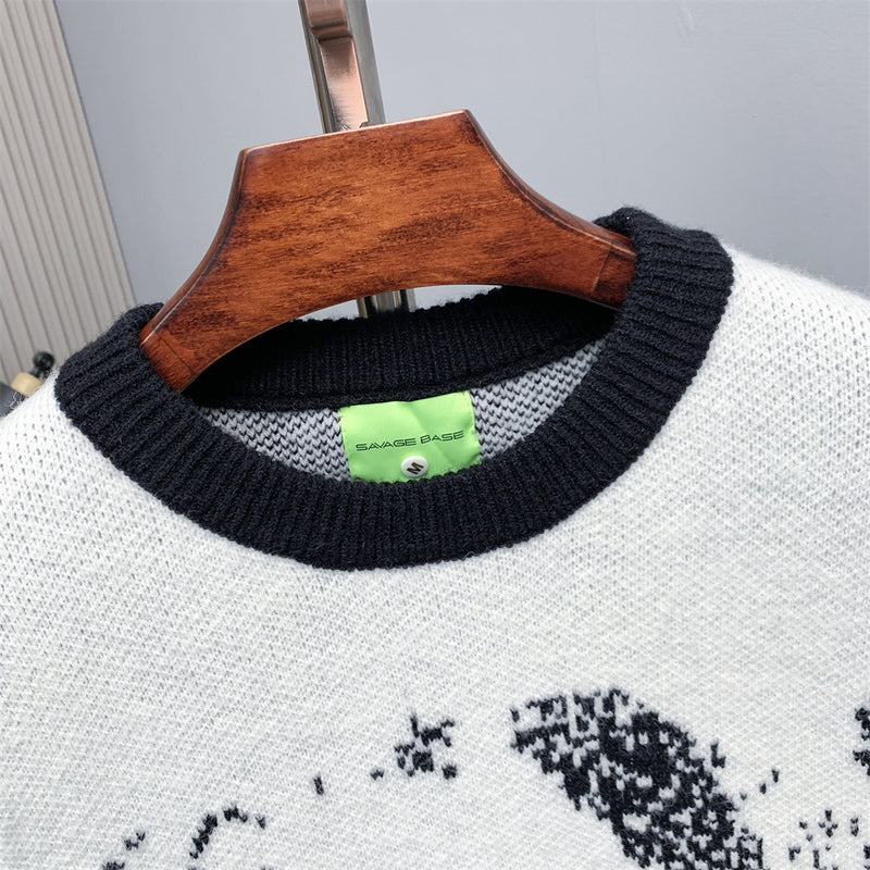 Men's Crew Neck Jacquard Knit Sweater – Pixelated Portrait Graphic, Contrast