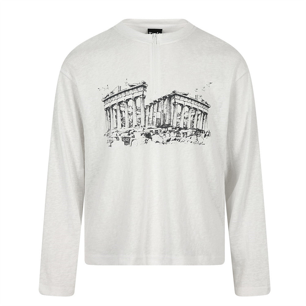 White long-sleeve men's t-shirt with black Parthenon architectural sketch print on the chest, relaxed oversized fit, front an