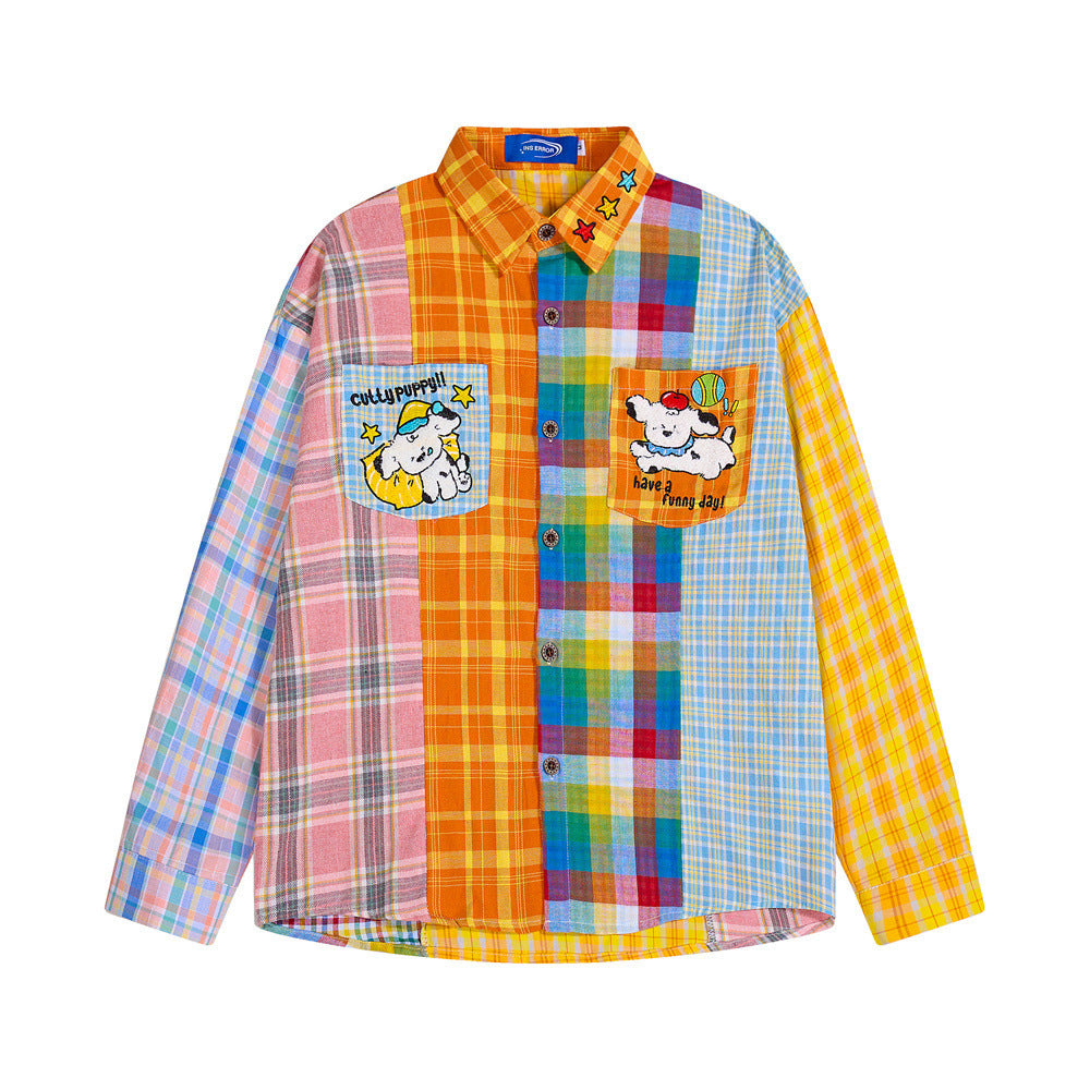 Patchwork Plaid Long Sleeve Shirt with Cartoon Puppy Embroidery — Oversized