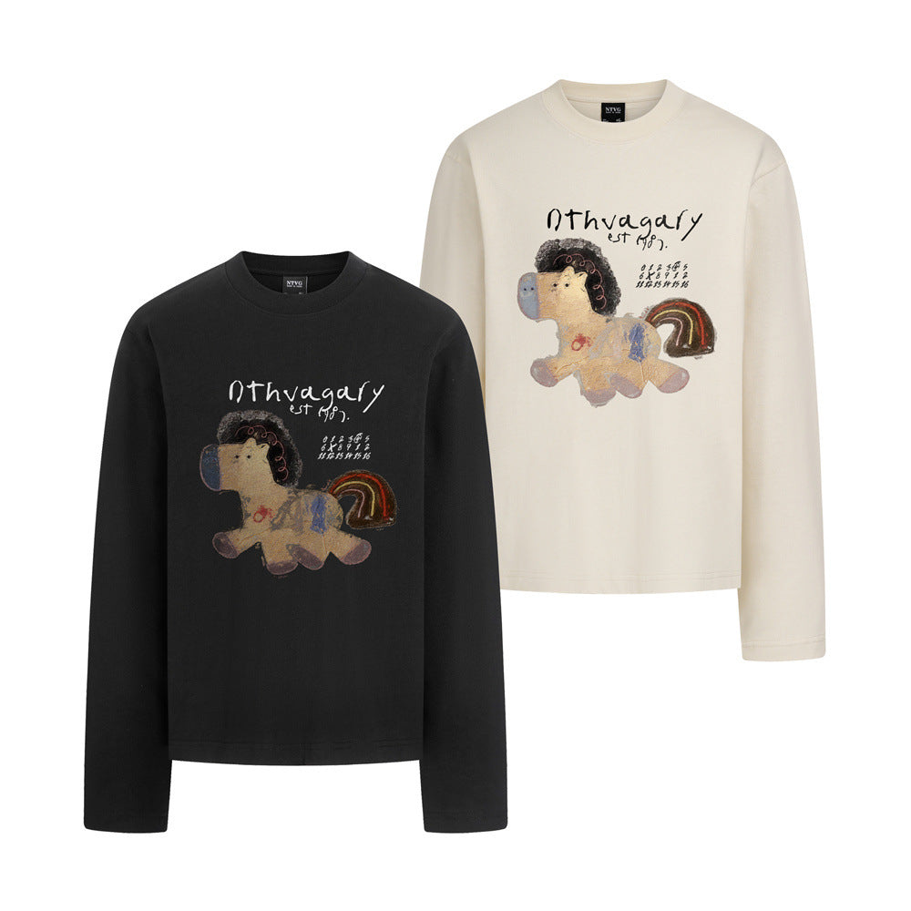 Long Sleeve Graphic Tee – Cartoon Horse Print, Relaxed Fit Crew Neck