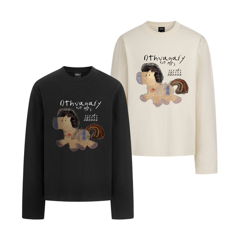 Long Sleeve Graphic Tee – Cartoon Horse Print, Relaxed Fit Crew Neck