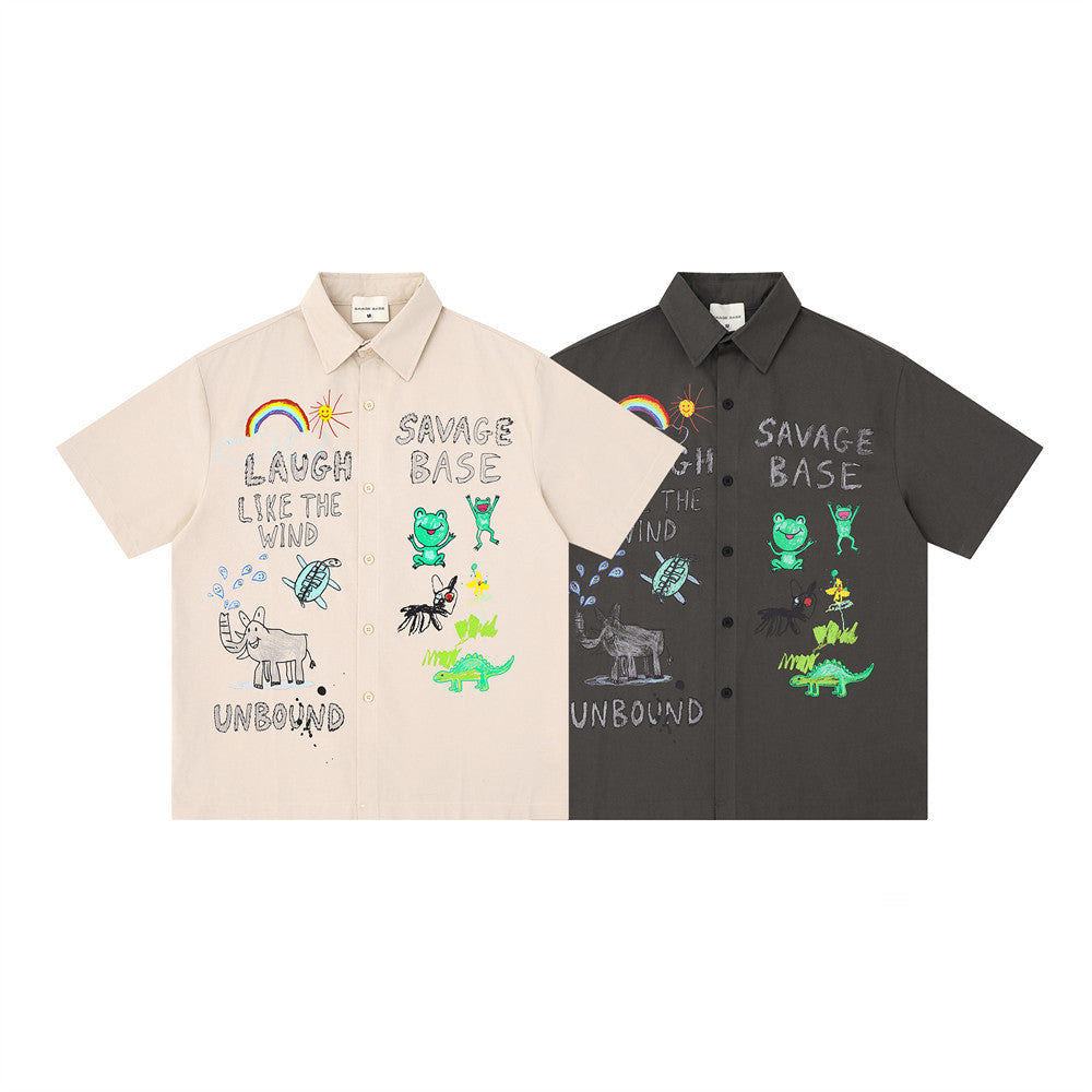 Two oversized button-up shirts with cartoon animal graphic prints, beige and dark gray
