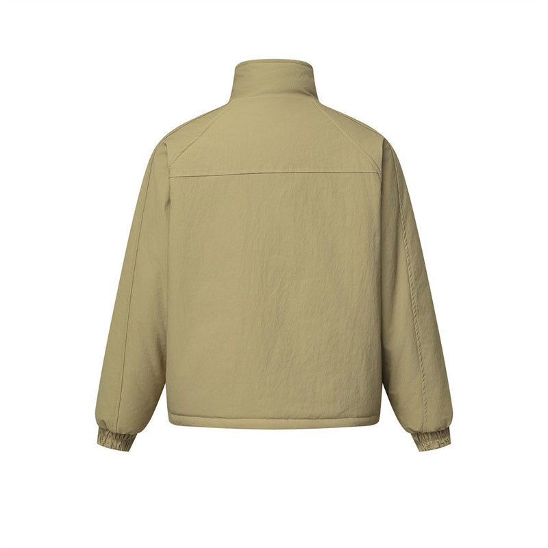 Reversible Stand-Collar Padded Jacket – Solid Khaki & Plaid Two-Way Wear