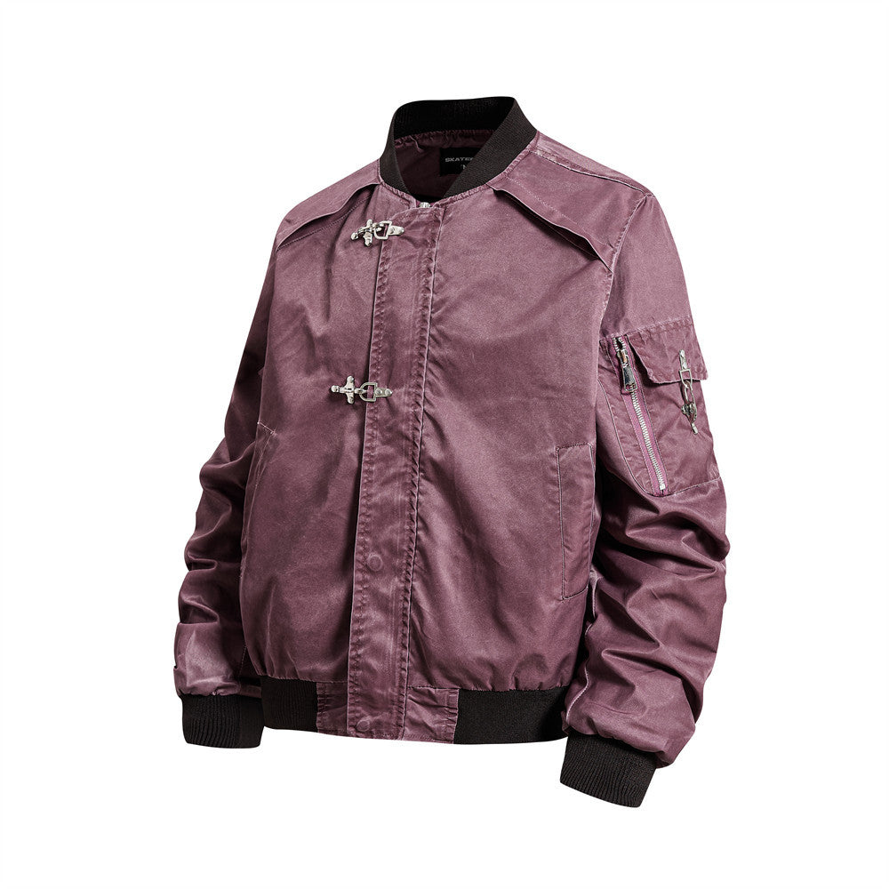 Bomber Jacket for Men – Washed Oversized Fit with Metal Clasp & Pleated Sleeves
