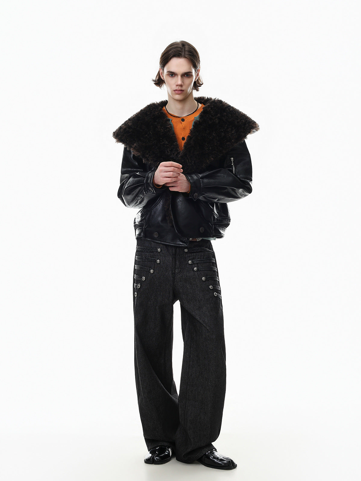 Men's Faux Shearling Collar Leather Bomber Jacket – Oversized Black Winter