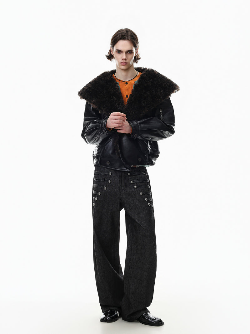 Men's Faux Shearling Collar Leather Bomber Jacket – Oversized Black Winter