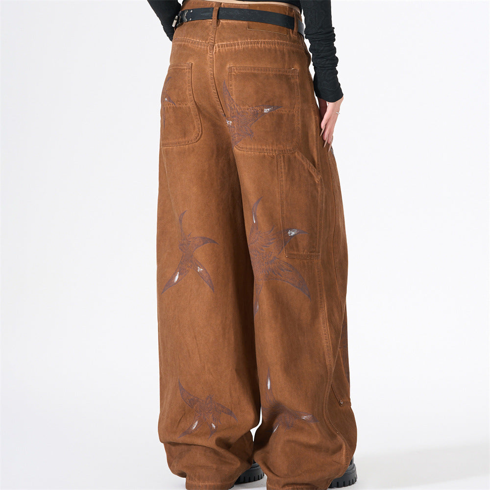 Wide-Leg Cargo Pants – Washed Brown Bird Print, Baggy Fit