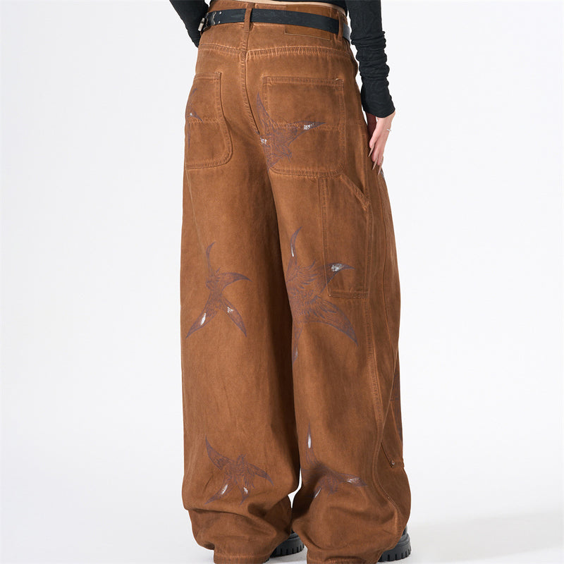 Wide-Leg Cargo Pants – Washed Brown Bird Print, Baggy Fit